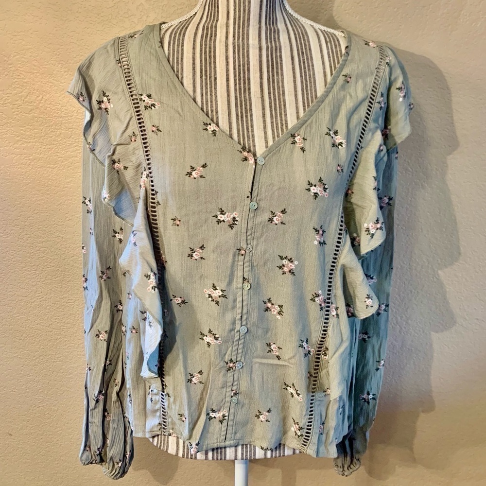 NEW Planet Gold Blouse XL Seagrass Green Floral Button Detail Ruffle NWT